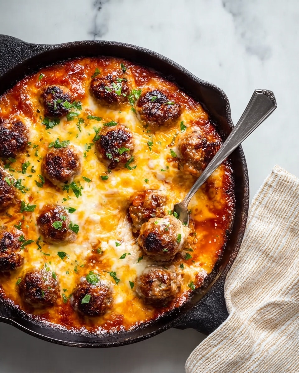 A black cast iron skillet filled with one main layer of golden melted cheese mixed with a rich red tomato sauce, topped evenly with browned meatballs showing a crispy texture, and sprinkled with small green parsley pieces. A silver spoon rests inside the skillet, partly lifting one meatball to reveal gooey cheese underneath. The skillet is placed on a white marbled surface with a beige striped cloth on the top right corner. photo taken with an iphone --ar 4:5 --v 7