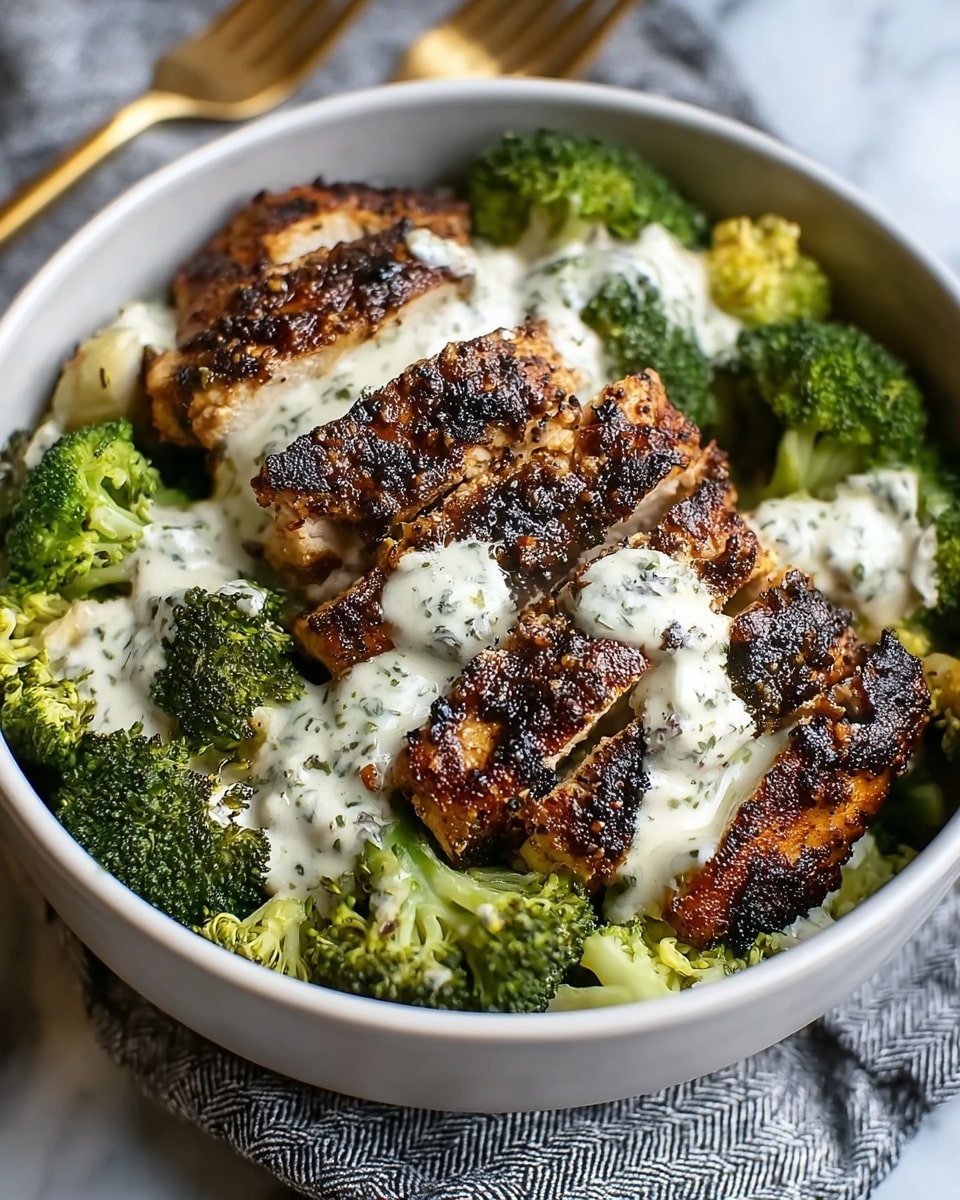 A white bowl with grilled chicken sliced into thick pieces sits on a white marbled texture, surrounded by bright green steamed broccoli florets. The chicken has a crispy, dark brown char on the outside, and both chicken and broccoli are drizzled with a creamy white sauce with visible herbs. The bowl rests on a gray and white patterned cloth, with a gold fork and knife placed nearby. The lighting highlights the juicy texture of the chicken and the vibrant green of the broccoli. photo taken with an iphone --ar 4:5 --v 7