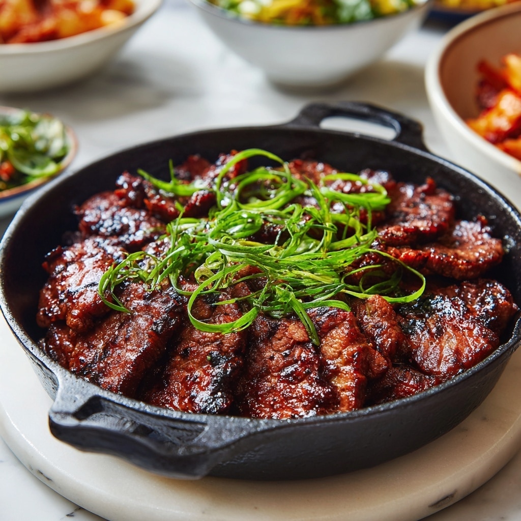 A round black cast iron pan sits on a white marbled surface filled with several layers of thin, reddish-brown grilled meat slices. The meat has a slight glaze and texture from grilling, and it is topped with bright green thinly sliced fresh scallions that add a fresh look. In the background, there are blurred bowls and plates with food, also on the white marbled surface. The photo is bright, showing the delicious texture and color of the cooked meat and fresh garnish. photo taken with an iphone --ar 4:5 --v 7