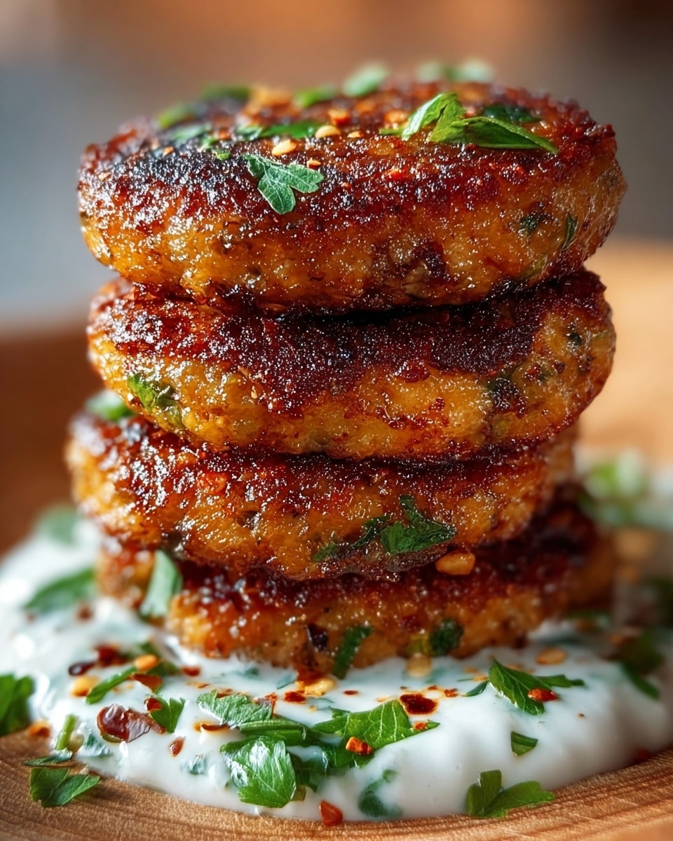 A stack of four golden-brown patties with a crispy, slightly textured surface is centered in the image. Each patty has a rich, caramelized crust with visible small bits of herbs mixed in, giving a fresh green contrast. The patties are layered directly on top of each other on a wooden surface, with a creamy white sauce spread generously beneath the bottom patty, mixed with finely chopped green herbs. Small bits of red seasoning are scattered over the sauce and on the patties, adding a touch of color. The background is softly blurred to keep focus on the delicious stack. Photo taken with an iphone --ar 4:5 --v 7