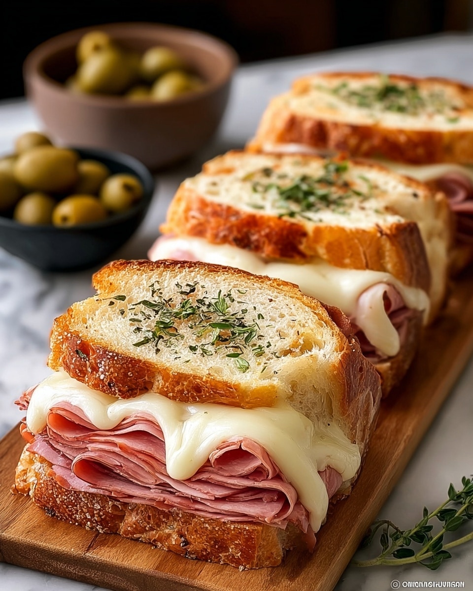 The image shows three thick sandwich slices arranged in a row on a wooden board atop a white marbled surface. Each sandwich has a golden-brown toasted crust with visible crunch and soft white interior bread. The first visible sandwich slice is layered with thin, folded layers of pink roast meat, topped by melted white cheese that slightly drips over the meat, sprinkled with green dried herbs. On top of each sandwich, there is a small sprig of green herbs for garnish. In the background, out of focus, is a small dark bowl filled with green olives. photo taken with an iphone --ar 4:5 --v 7