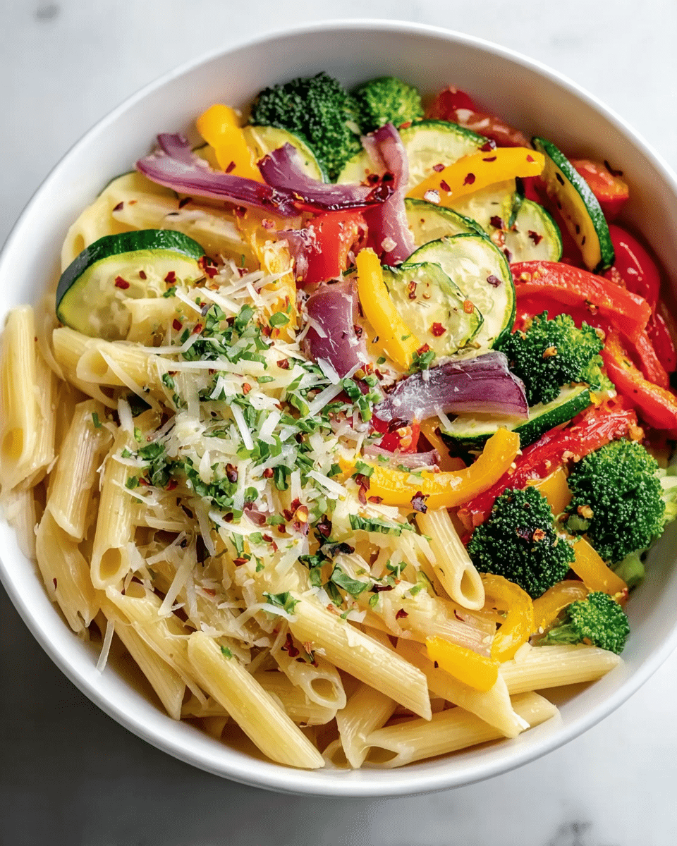 A white bowl filled with a colorful pasta dish showing three main layers: at the bottom, pale yellow penne pasta with a smooth texture; above that, bright vegetable layers with green broccoli florets, light green zucchini slices with a slightly grilled look, red and yellow bell pepper strips, and thin slices of purple onion; lastly, a scattered layer of finely grated white cheese and small green herb pieces sprinkled on top, with tiny red chili flakes adding contrast. The bowl sits on a white marbled surface. photo taken with an iphone --ar 4:5 --v 7