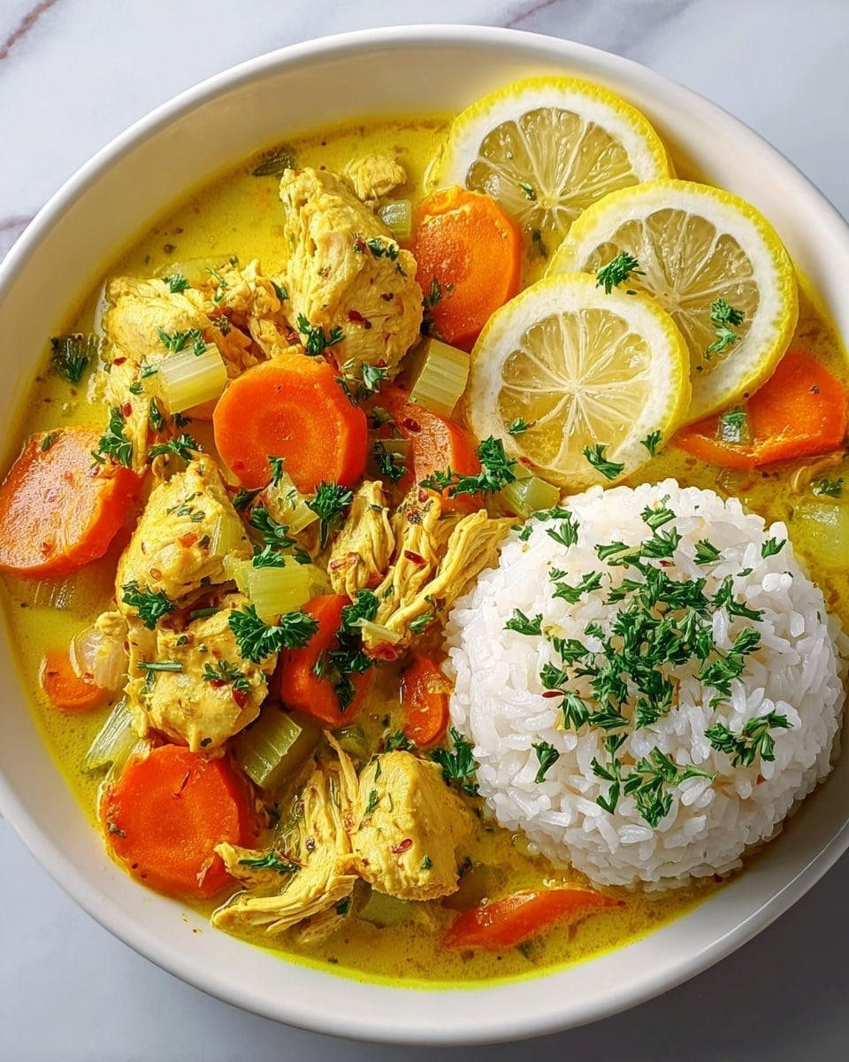 The dish is served in a white bowl placed on a white marbled surface, showing a vibrant yellow curry with several chunks of shredded chicken and slices of orange carrots. The curry has a creamy texture with diced celery pieces scattered throughout, and it is garnished with small green parsley leaves. On the right side of the bowl, there is a neat mound of white rice garnished with more green parsley. Thin lemon slices rest on top of the rice mound, adding a fresh touch. Photo taken with an iphone --ar 4:5 --v 7