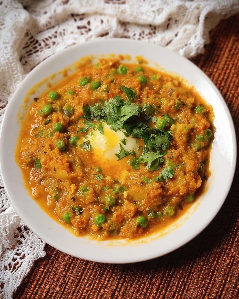 A white plate filled with a thick, orange-colored dish with a slightly oily texture, mixed with green peas scattered throughout. The dish is topped with a melting yellowish dollop of butter in the center, and a sprig of fresh green coriander placed over it. The plate is set on a brown woven surface with a white lace cloth partially visible in the background. Photo taken with an iphone --ar 4:5 --v 7