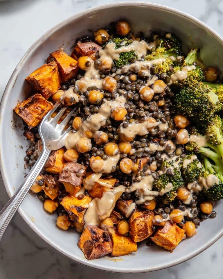 Roasted Lentil and Sweet Potato Sheet Pan Bowl with Maple Tahini Sauce Recipe