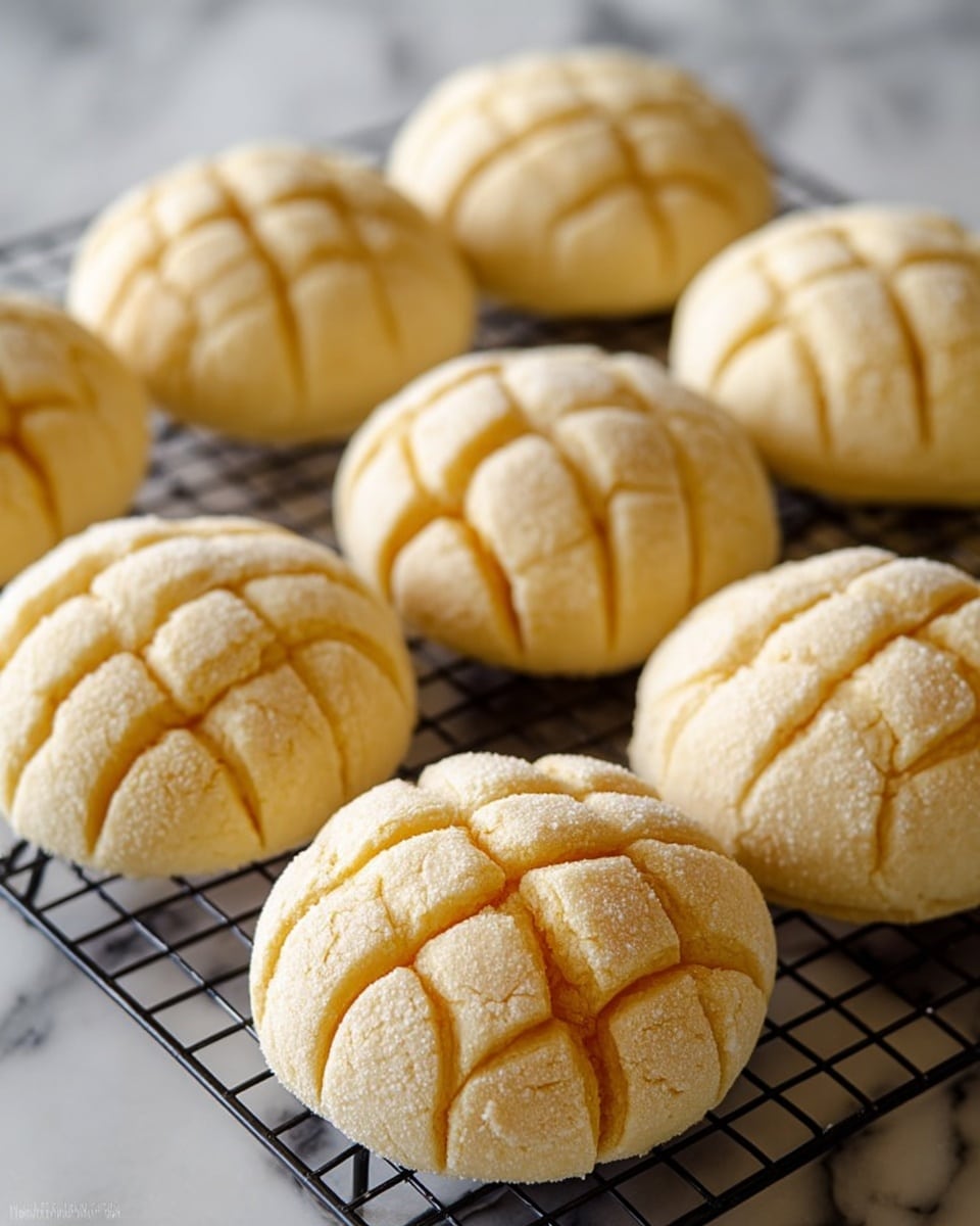 The image shows several golden-brown sweet bread rolls with a sugar-dusted, crosshatched pattern on top, arranged on a black cooling rack placed on a white marbled surface. In the background, more bread rolls sit in a white basket lined with a blue and white checkered cloth, and a tall white bottle is also visible. Two striped pink and white straws lay next to the rack. The overall scene highlights soft, fluffy bread with a crispy, sugar-coated crust. Photo taken with an iphone --ar 4:5 --v 7