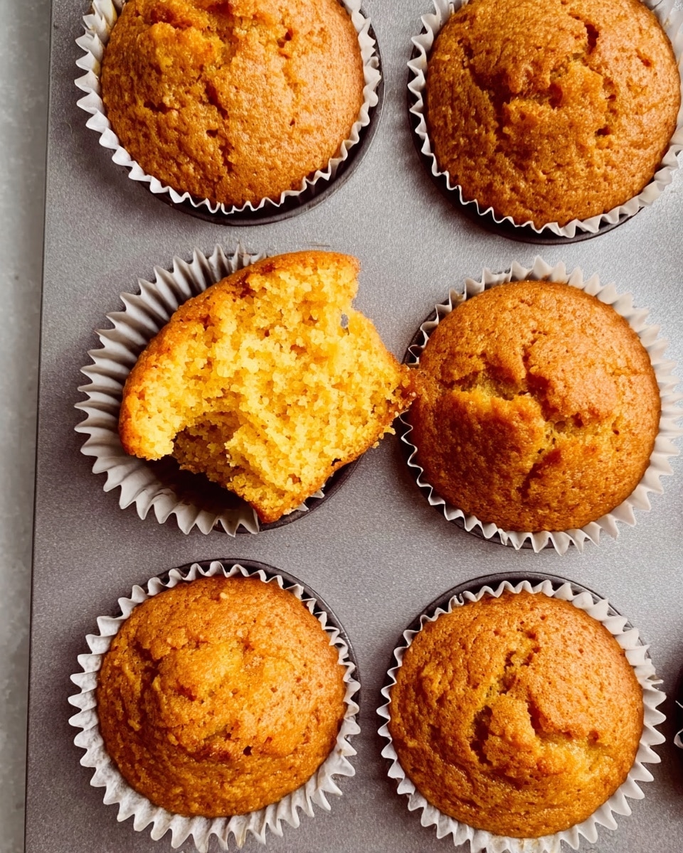 A close-up view of nine golden brown muffins in a gray muffin tray, each in white crinkled paper liners, showing soft and slightly cracked tops with texture. One muffin near the center has a bite taken out of it, revealing a moist, crumbly interior of a warm orange-yellow color. The tray sits on a white marbled surface, with the gray metal tray's smooth texture providing a subtle contrast to the muffins' rough tops. photo taken with an iphone --ar 4:5 --v 7