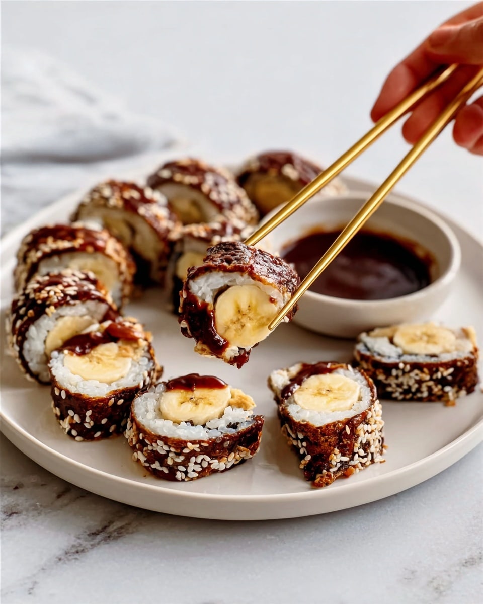 The image shows five rows of banana slices arranged on a white marbled surface. The first row at the bottom features banana halves dipped in dark chocolate and decorated with colorful round sprinkles on the outer sides. The second row has banana slices partly dipped in dark chocolate and sprinkled with white sesame seeds. The third row is made up of banana slices fully covered in shredded white coconut. The fourth row includes banana slices dipped in a light coating and covered with puffed cereal, showing a rough textured tan surface. Each row has between four to six pieces, and a pair of wooden chopsticks lies diagonally across the bottom right corner. photo taken with an iphone --ar 4:5 --v 7