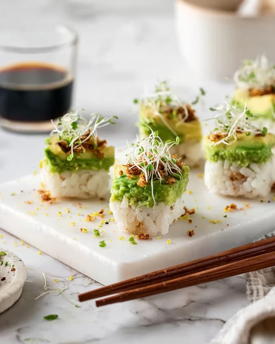 A white marbled rectangular serving board holds four sushi bites arranged in a diamond shape. Each sushi bite has two layers: the bottom layer is white sticky rice shaped into a ball with some light brown bits visible underneath, and the top layer is a textured green mix, likely avocado with small diced pieces. The green layer is topped with thin white sprouts and small crunchy brown flakes. The board is sprinkled with tiny green and yellow seasoning bits. To the right side of the board rests a pair of brown chopsticks on the surface. In the background, there is a white bowl filled with dark soy sauce and some small blurry items, all set on a white marbled surface. Photo taken with an iphone --ar 4:5 --v 7