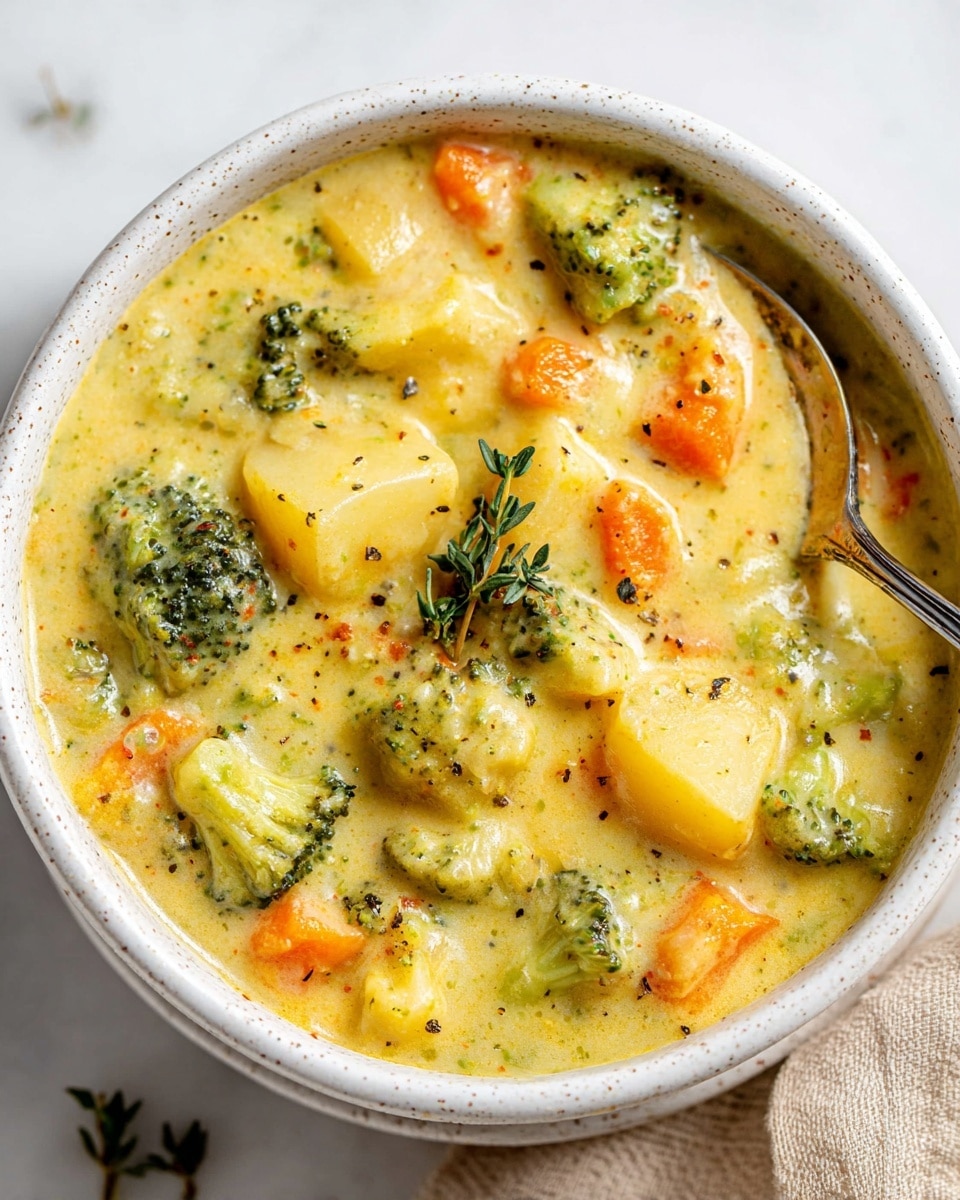 A close-up view of creamy soup in a white speckled bowl filled with chunky pieces of green broccoli, orange carrots, and pale yellow potatoes mixed in a thick, smooth, yellowish broth, topped with a small green thyme sprig in the middle, with a silver spoon resting inside on the left side, all placed on a white marbled surface with a beige cloth partially visible on the right side; the texture of the soup looks rich and hearty photo taken with an iphone --ar 4:5 --v 7