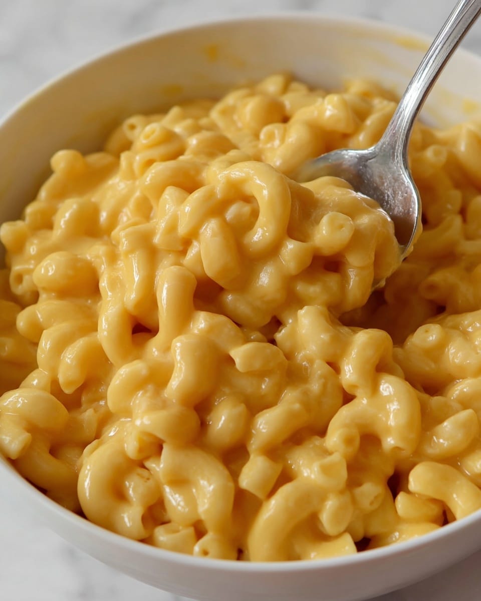A close-up view of a white bowl filled with creamy macaroni and cheese, showing three layers: the bottom layer of pale yellow elbow macaroni, the middle layer of light orange smooth cheese sauce coating the pasta, and the top layer of glossy, thick cheese sauce enveloping the noodles. A silver spoon is partially inside the bowl, scooping up several macaroni pieces, with the spoon's reflective texture visible. The background is a white marbled surface. photo taken with an iphone --ar 4:5 --v 7