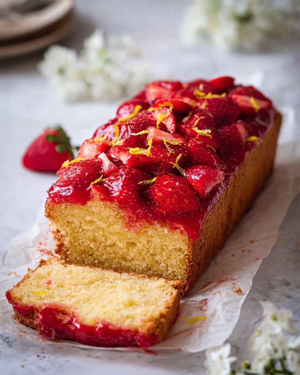 A rectangular loaf cake sits on a sheet of parchment paper over a white marbled surface. The cake is golden brown with a moist texture and visible crumbs, showing one slice cut out at the front. On top of the cake is a thick layer of bright red strawberries, some halved and some whole, coated in a glossy strawberry glaze. Small yellow lemon zest pieces are scattered over the strawberries, adding a fresh color contrast. White flowers are softly blurred in the background, enhancing the light and clean setting. Photo taken with an iphone --ar 4:5 --v 7
