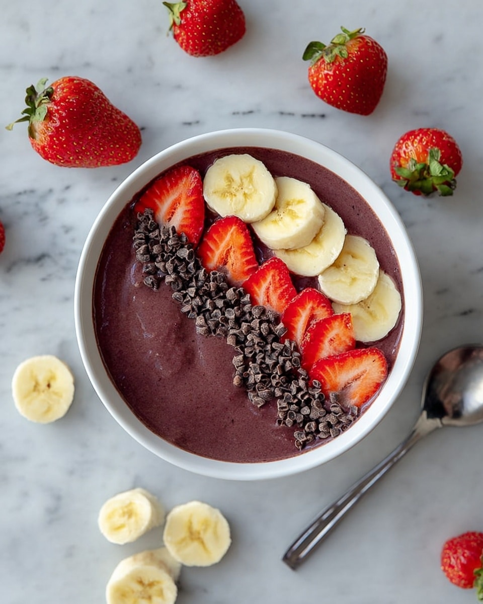 A white bowl filled with a smooth, thick, dark purple smoothie base, topped with three neat rows of toppings: a row of evenly sliced light yellow banana pieces on the left, a row of bright red halved strawberries in the middle, and a row of small dark brown cacao nibs on the right; the bowl sits on a white marbled surface with scattered banana slices, whole strawberries, and cacao nibs around it, with a silver spoon placed to the right side. Photo taken with an iphone --ar 4:5 --v 7