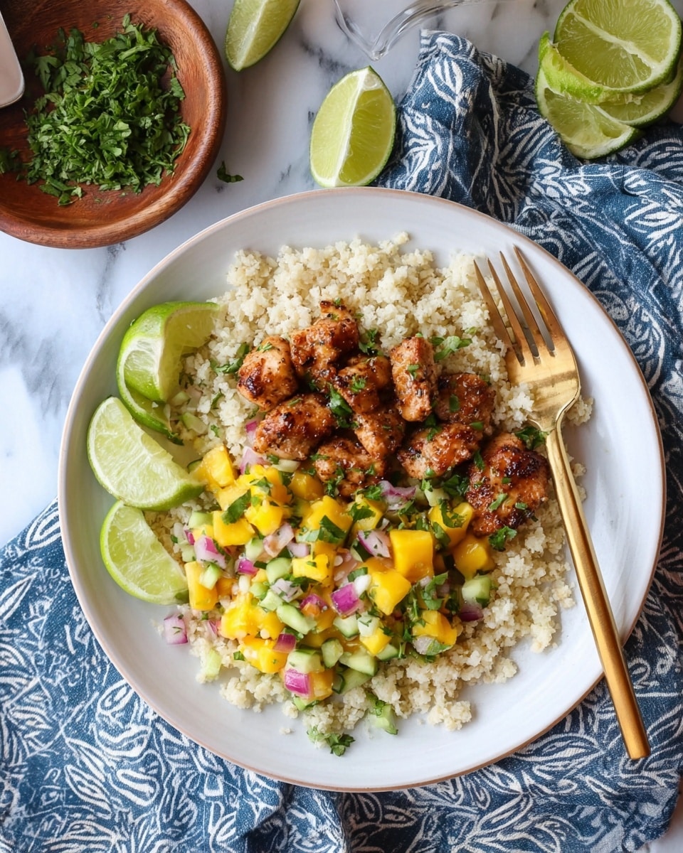 A white plate holds a three-layer dish starting with a base of light beige cauliflower rice scattered evenly, topped with medium brown grilled chicken pieces with a slightly charred glaze, arranged in a small cluster towards the center-left. Next to the chicken, a colorful layer of mango salsa sits piled high, showing chunks of bright yellow mango, green cucumber, red onion, and hints of red diced pepper, all mixed with finely chopped green herbs. In the bottom-left corner of the plate, three fresh lime wedges with light green skin and pale green flesh rest beside the chicken. A gold fork lies diagonally across the plate's left edge, and the plate is set on a blue and white patterned cloth over a white marbled surface. Nearby, a small bowl of chopped green herbs and more lime wedges complete the scene. photo taken with an iphone --ar 4:5 --v 7