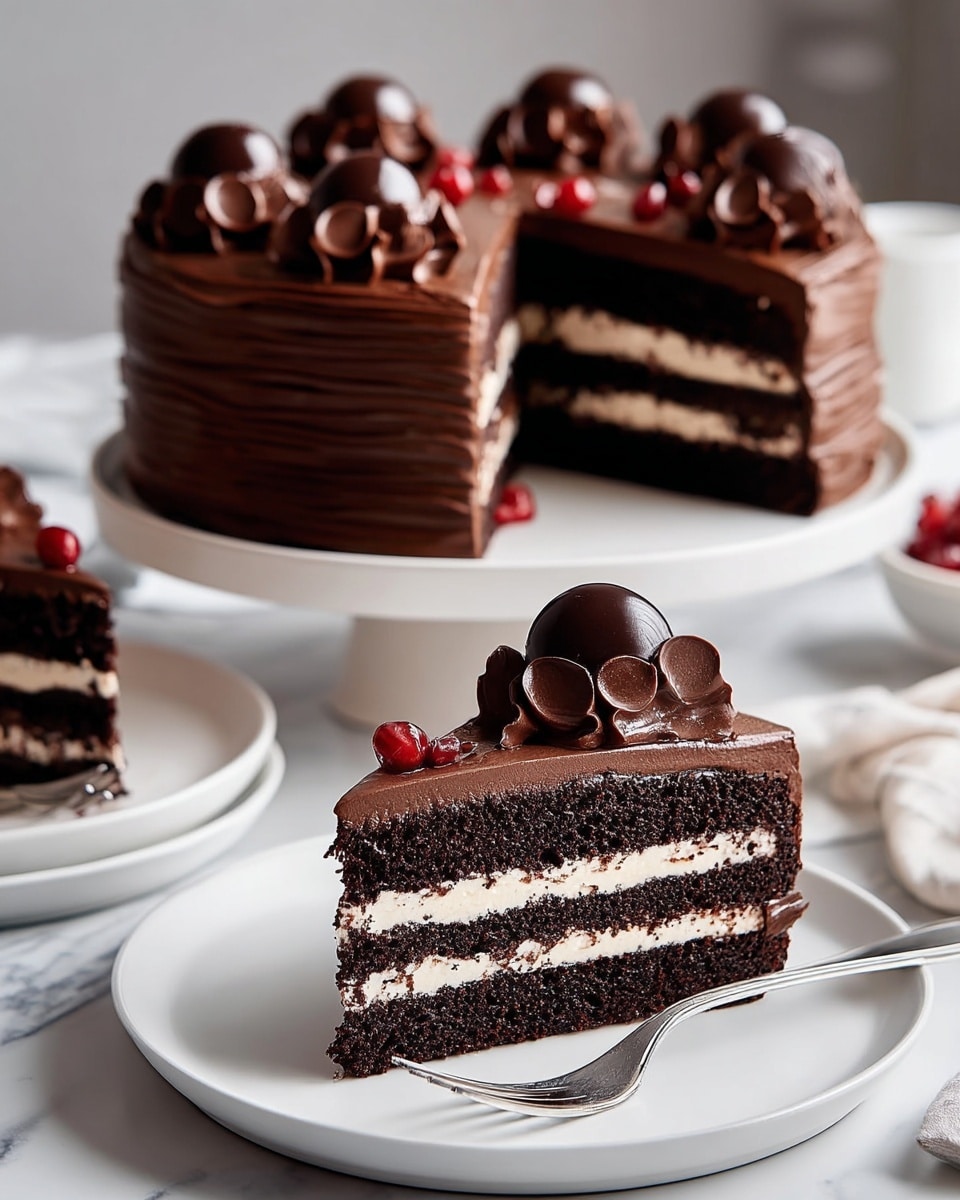 A slice of chocolate cake with three layers: two dark brown cake layers and two light brown cream layers in between. The cake is covered with a smooth, glossy dark chocolate glaze on top and sides. On top of the slice, there are five bright red cherries with green leaves. The slice sits on a white plate with a silver fork beside it. In the background, whole and sliced pieces of the same chocolate cake rest on other white plates on a white marbled surface. Photo taken with an iphone --ar 4:5 --v 7