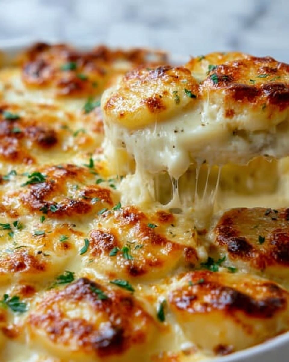 The image shows a close-up of a cheesy baked dish with six visible round portions, each topped with a golden-brown layer of melted cheese and small green herb sprinkles. The cheese is slightly browned in spots, giving a crispy texture, while the edges appear soft and gooey with some cheese stretching as a piece is pulled away from the rest. The white plate beneath the food contrasts with the rich yellow and light brown colors of the cheese, and the background has a white marbled texture. Photo taken with an iphone --ar 4:5 --v 7