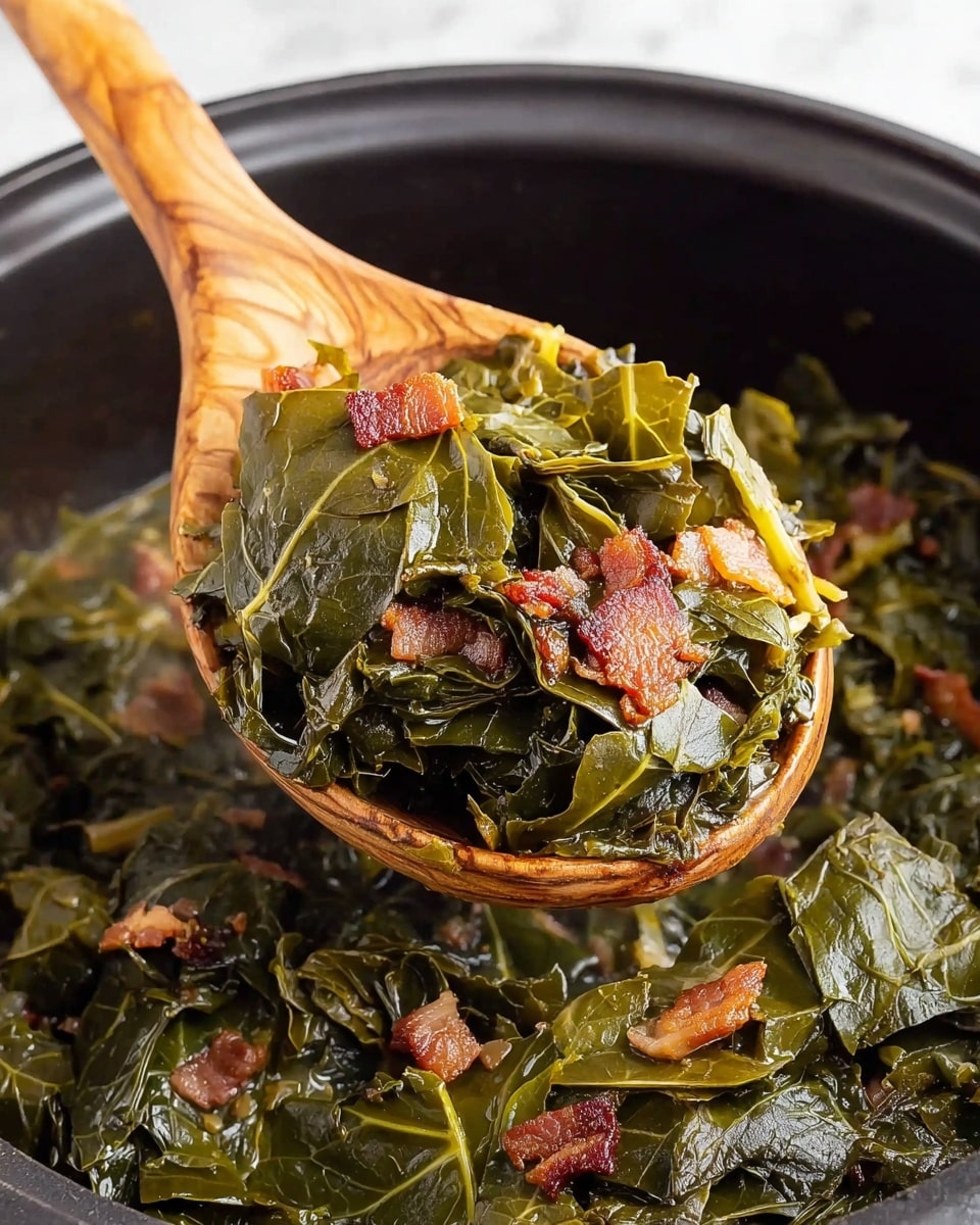 A wooden spoon lifts a portion of cooked collard greens mixed with small, browned bacon pieces from a black pot. The greens are dark green, soft, and slightly shiny with visible leaf veins, layered thickly. The bacon bits are scattered throughout the greens, showing a crispy, reddish-brown texture. The pot is set on a white marbled surface, adding a clean and bright contrast to the deep green and reddish tones of the dish. The overall image is sharp and detailed, capturing the textures and colors vividly. photo taken with an iphone --ar 4:5 --v 7