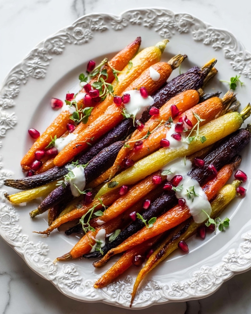 A white plate with a raised floral pattern holds a colorful pile of roasted baby carrots in three colors: bright orange, deep purple, and pale yellow. The carrots are layered in a scattered, slightly crisscross arrangement. Small dollops of white creamy sauce sit on top and between the carrots, adding texture. Bright red pomegranate seeds and small green herbs are sprinkled around and over the carrots, providing fresh accent colors. The overall look is warm, vibrant, and fresh against the white plate and white marbled surface. photo taken with an iphone --ar 4:5 --v 7