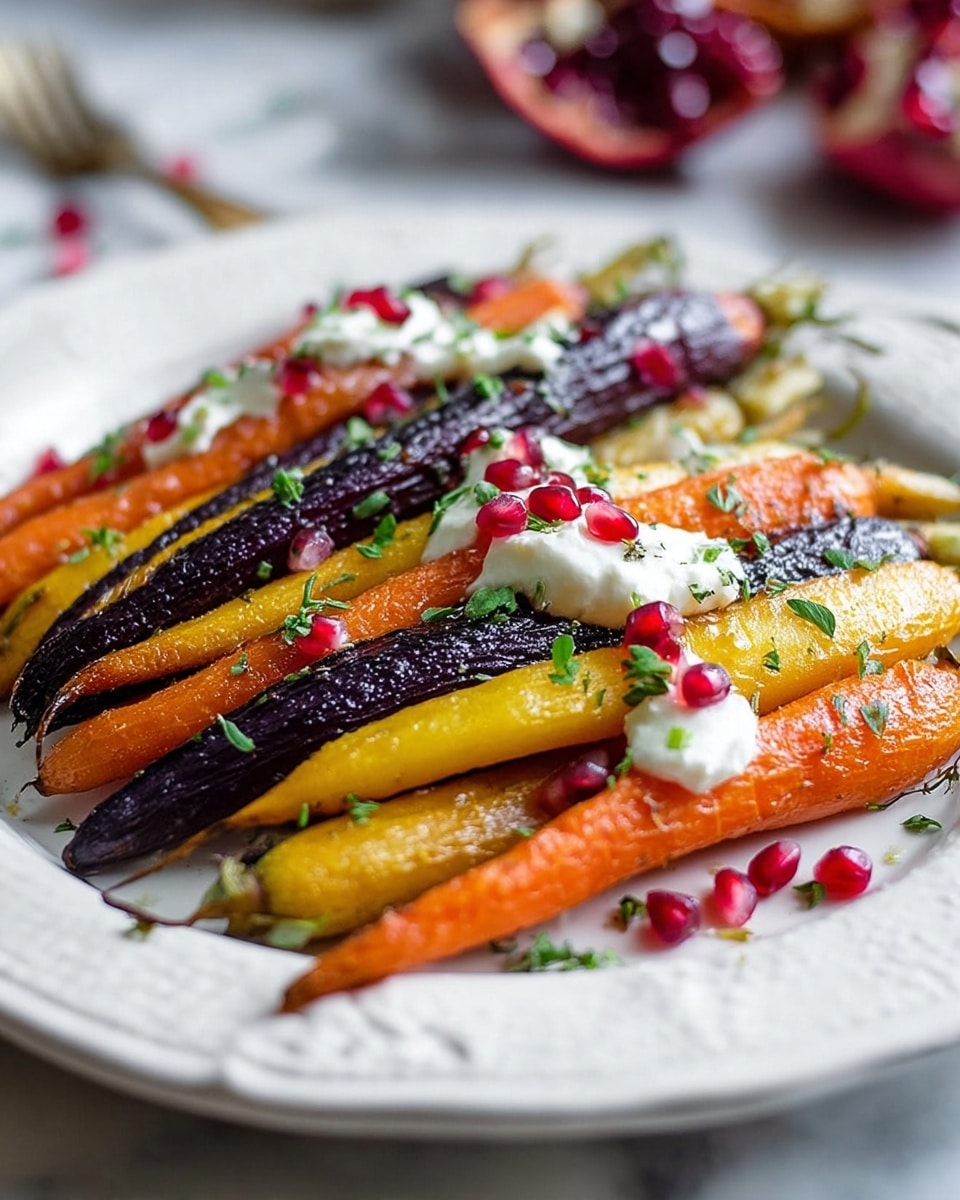 The image shows a white plate with several colorful roasted carrots arranged in a row, each carrot approximately one layer thick. The carrots come in three colors: orange, yellow, and deep purple. On top of and around the carrots are small dollops of white creamy cheese and bright red pomegranate seeds scattered as garnish. Tiny green herb leaves add another layer of color and freshness. The plate sits on a white marbled surface with blurred pomegranate pieces in the background, adding depth and interest. photo taken with an iphone --ar 4:5 --v 7
