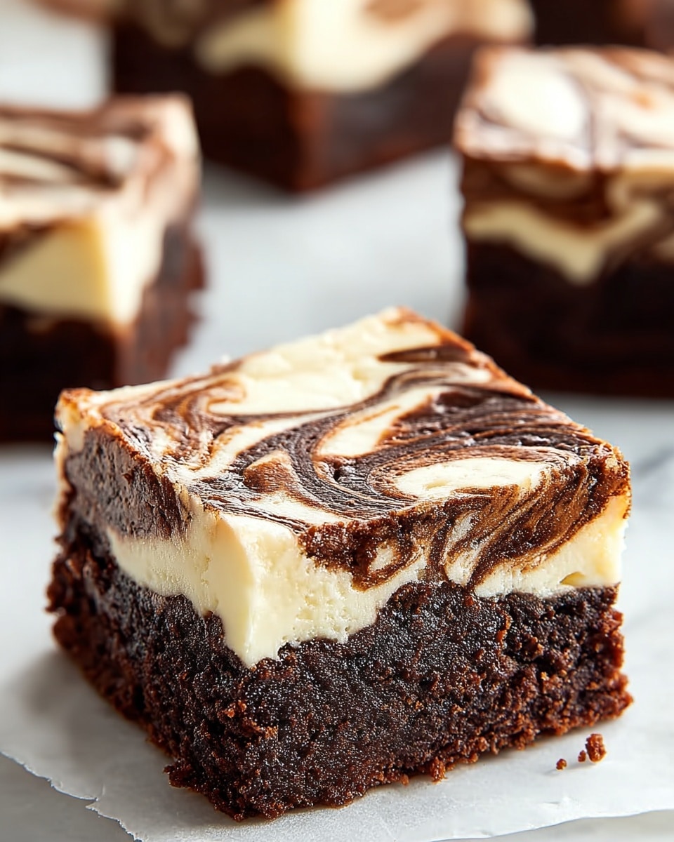 The image shows two stacked brownie squares with a marbled cheesecake layer on top. The bottom layer is dark brown and fudgy, looking dense and rich. The top cheesecake layer is creamy white with dark chocolate swirls spread unevenly, creating a marbled pattern. Small dark chocolate chips are sprinkled on the top brownie layer, adding texture. A few fresh red raspberries lay around the brownies on a white marbled surface. The overall look is moist and inviting, with sharp detail capturing the textures of the chocolate and cream. Photo taken with an iphone --ar 4:5 --v 7
