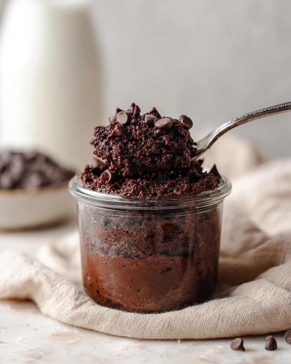 The image shows a small clear glass jar filled with rich, dark chocolate batter that is thick and slightly crumbly in texture. The batter is dark brown with visible chocolate chips embedded on the top layer, creating a textured, chunky surface. A silver spoon is inserted into the jar, lifting some of the batter, and the jar sits on a soft beige cloth draped over a white marbled texture. In the blurred background, there is a clear glass milk bottle and a white bowl filled with chocolate chips. photo taken with an iphone --ar 4:5 --v 7