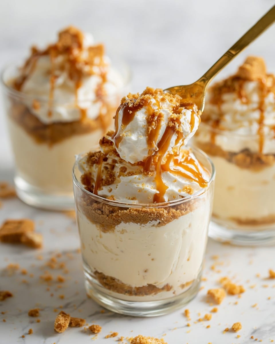 The image shows a close-up of a small clear glass filled with a creamy layered dessert. At the bottom, there is a smooth pale beige cream layer, topped with scattered light brown cookie crumbs. Above this is a thick white whipped cream layer, which is decorated with more cookie crumbs and drizzled with a caramel sauce on top. A gold spoon holds a scoop of the whipped cream with caramel drizzle and cookie crumbs just above the glass. In the background, two more similar glasses with the same dessert are blurred. All the glasses rest on a white marbled surface with some scattered cookie crumbs. photo taken with an iphone --ar 4:5 --v 7
