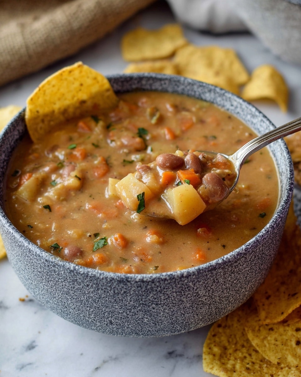 A close-up view of a thick, creamy bean stew in a speckled gray bowl filled to the top, showing light brown broth mixed with chunks of light yellow potatoes, orange carrots, and small brown beans, garnished with small green herb bits scattered on the surface. A silver spoon scoops some stew, blending textures of smooth and chunky, while a yellow tortilla chip rests on the bowl's edge. More tortilla chips lie close by, all set on a white marbled surface with a soft burlap fabric blurred in the background. Photo taken with an iphone --ar 4:5 --v 7