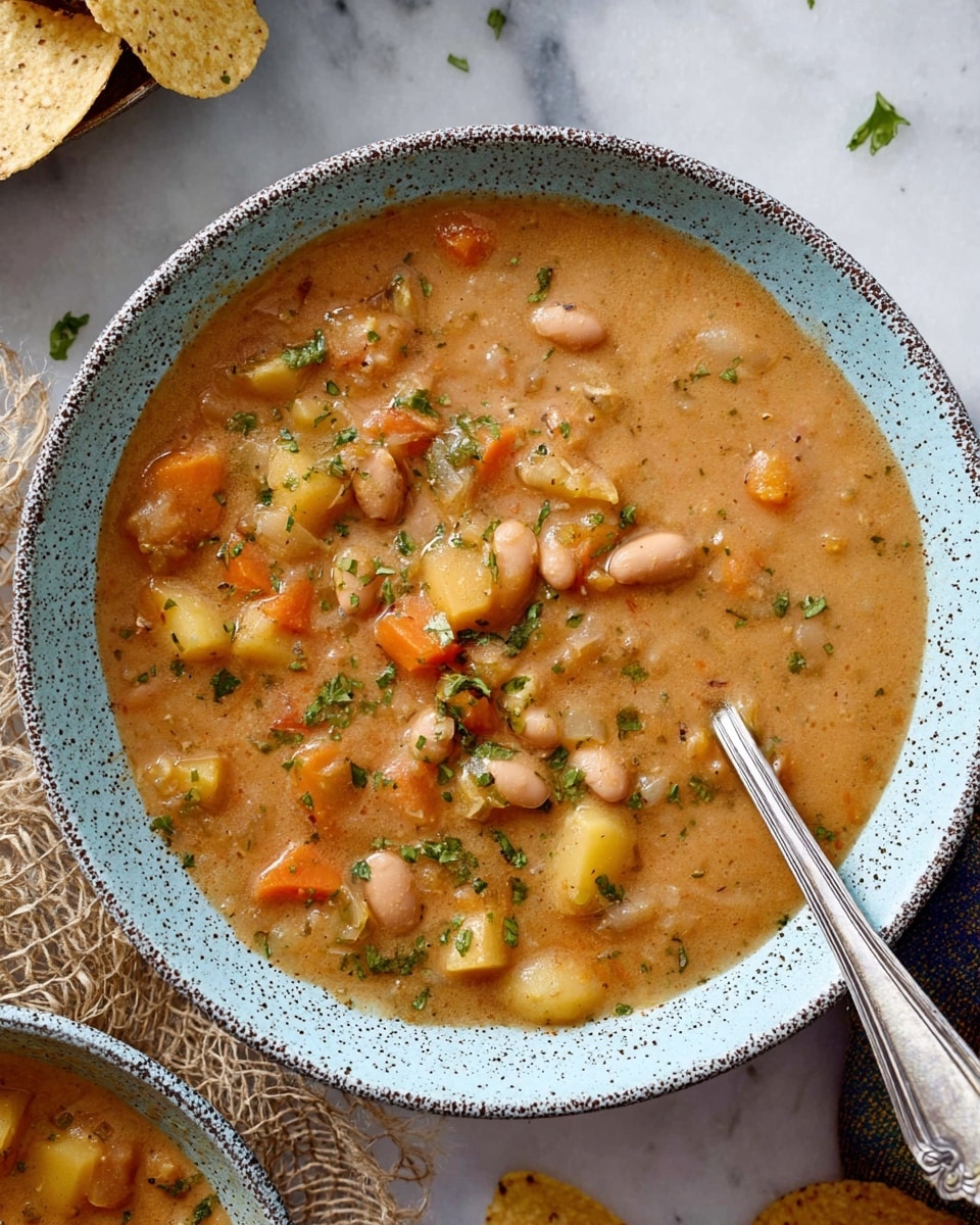 A close-up view of a bowl filled with thick, creamy soup containing visible chunks of light brown beans, orange carrot pieces, and small yellow potato cubes, all mixed into a smooth, tan-colored broth with green herb specks on top; the soup is served in a speckled light blue bowl with a textured rim, and a silver spoon lies inside the bowl slightly submerged. The background shows a white marbled surface with a piece of rough woven fabric nearby, and a few round tortilla chips placed at the edge. Photo taken with an iphone --ar 4:5 --v 7