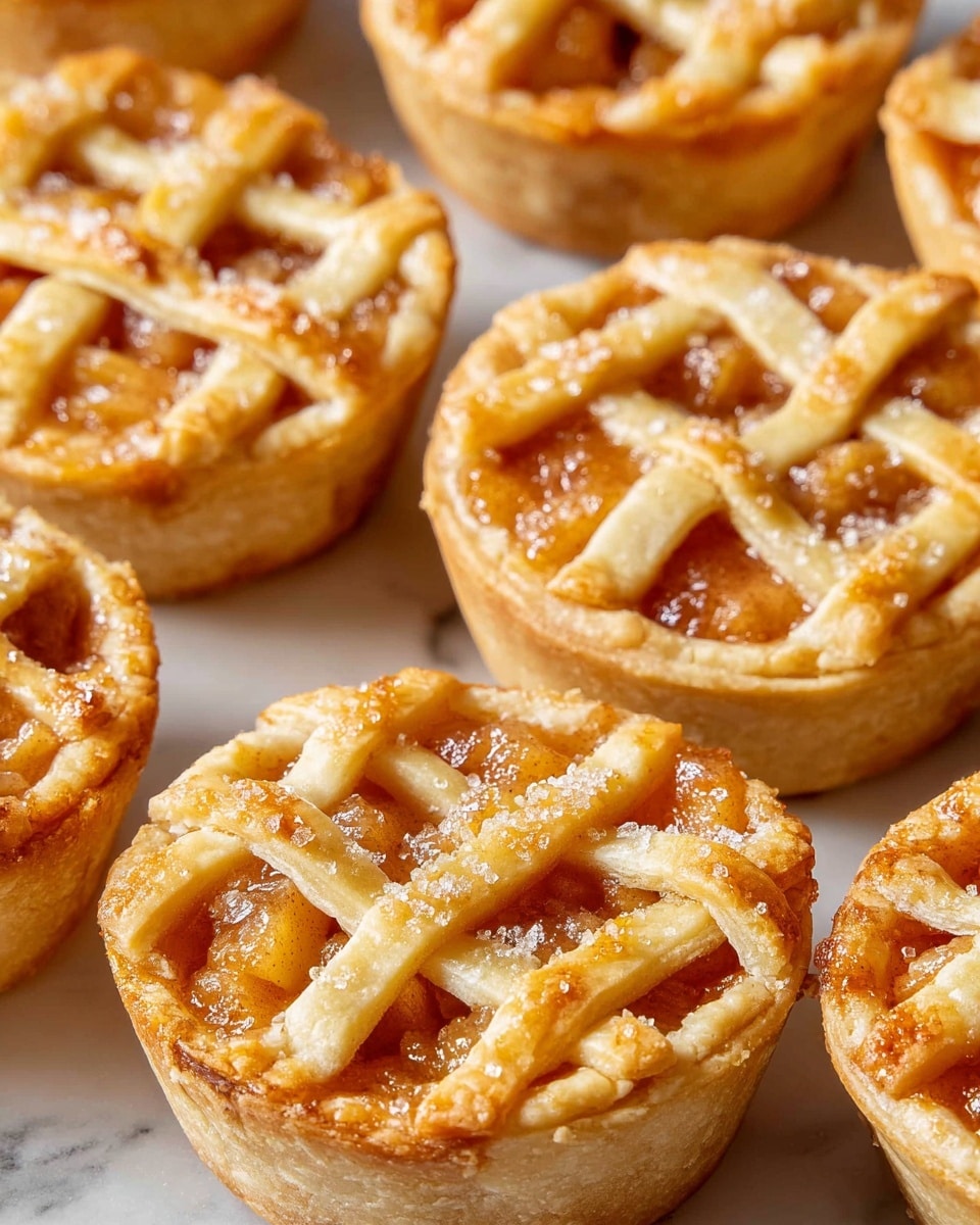 This image shows a group of small, round mini apple pies closely arranged on a white marbled surface. Each mini pie has three layers: the bottom crust is golden brown and firm, the middle layer is a soft, amber-colored apple filling that looks juicy and slightly chunky, and the top is a lattice crust made of golden strips of dough with a slightly crisp texture, sprinkled with granulated sugar crystals that add a sparkling effect. The pies have a warm, baked look with a subtle shine. photo taken with an iphone --ar 4:5 --v 7