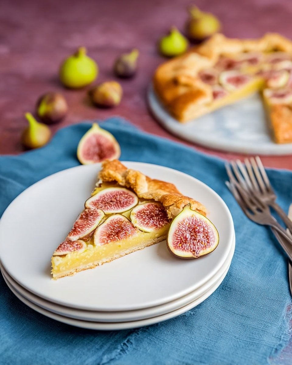A single slice of fig galette with a thick, golden-brown crust folded over the edges sits on the top of a stack of white plates on a blue cloth napkin. The slice has a soft, creamy yellow filling beneath a layer of sliced fresh figs arranged in a circular pattern, showing a mix of light pink and deep red inside with light seeds. Next to the slice on the plate is a halved fig showing the juicy inner texture. In the background, there is a whole fig galette partially visible with the same fig topping and a few whole figs scattered around on a white marbled surface. Three silver forks lie to the side. photo taken with an iphone --ar 4:5 --v 7
