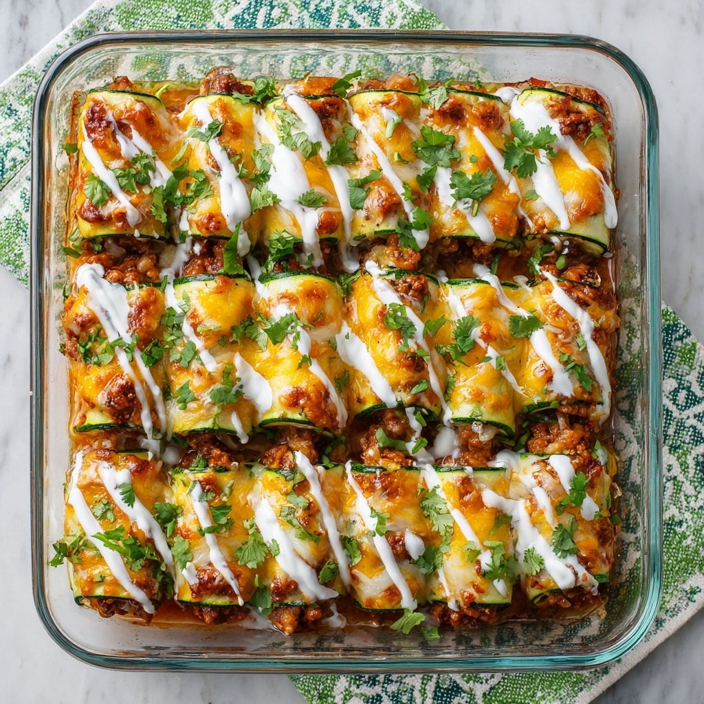 A clear glass baking dish holds a row of rolled enchiladas, arranged tightly side by side. Each enchilada is covered with melted cheese showing a mix of golden yellow and light orange shades. Over the cheese, there are white sour cream drizzles spread unevenly across the rolls. Fresh chopped green cilantro is sprinkled on top, adding small green patches. The dish rests on a white marbled surface with a green and white patterned cloth beside it. The enchiladas look saucy underneath with a reddish-brown tint hinting at the meat filling inside. Photo taken with an iphone --ar 4:5 --v 7