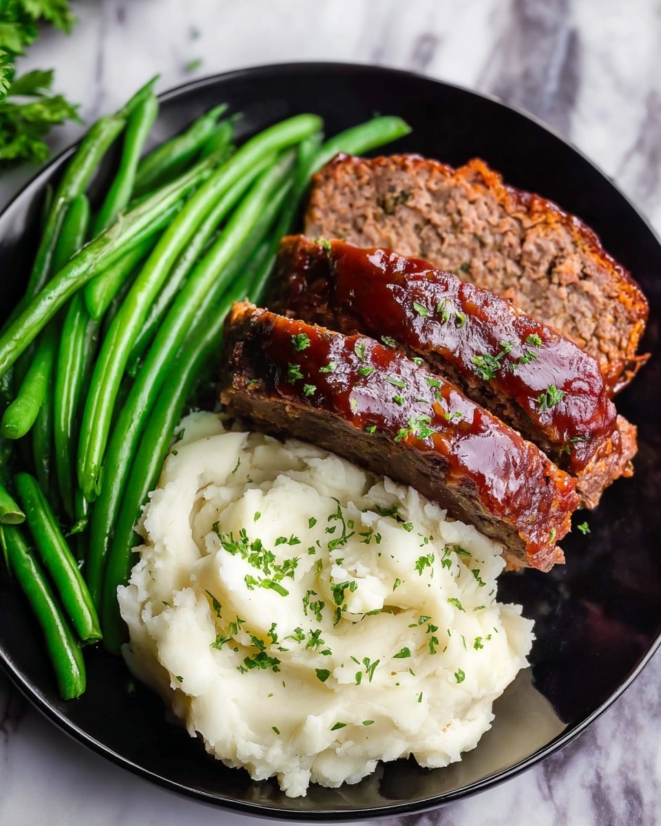 A black plate holds a meal with three main parts: two thick slices of brown meatloaf with a shiny, dark brown glaze on top in the center, a scoop of white mashed potatoes sprinkled with green herbs on the lower left, and a pile of bright green cooked green beans on the upper left side of the plate, all placed on a white marbled surface. Photo taken with an iphone --ar 4:5 --v 7