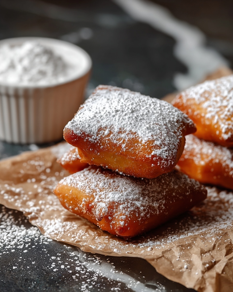 A white plate holds five golden brown beignets stacked in a small pile, each piece square-shaped with a slightly puffy texture and crispy edges. The beignets are generously covered with white powdered sugar, which is also scattered lightly on the white marbled surface around the plate. In the background, there is a blurred beige cup and saucer, along with a soft folded beige cloth. The photo taken with an iphone --ar 4:5 --v 7
