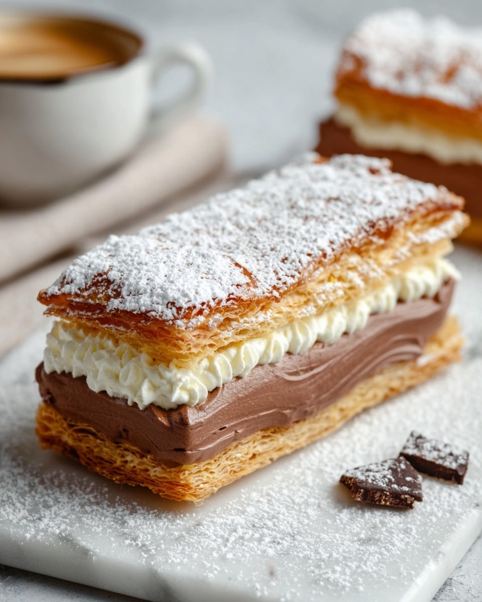 The image shows a three-layer pastry sitting on a white marbled surface. The bottom and top layers are golden-brown puff pastry with a crispy and flaky texture. The top layer is dusted with white powdered sugar. Between the puff pastry layers, there is a thick layer of smooth, shiny chocolate cream at the bottom, followed by a layer of piped white whipped cream with soft peaks. Small chocolate pieces are scattered around the pastry on the white marble surface. Photo taken with an iphone --ar 4:5 --v 7