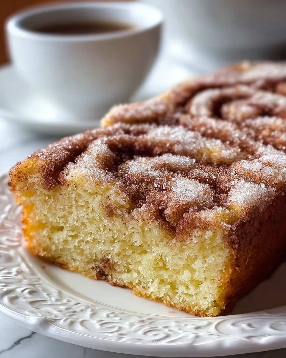 A close-up view of a single-layer rectangular cake placed on a white plate with an ornate edge, showing a soft, moist, light yellow inside. The cake’s top layer is swirled with cinnamon, creating a textured brown pattern dusted with white sugar crystals. The cake’s edges are slightly darker and crisp, contrasting with the soft middle. In the blurred background, a white cup and a white saucer sit on a white marbled surface. photo taken with an iphone --ar 4:5 --v 7