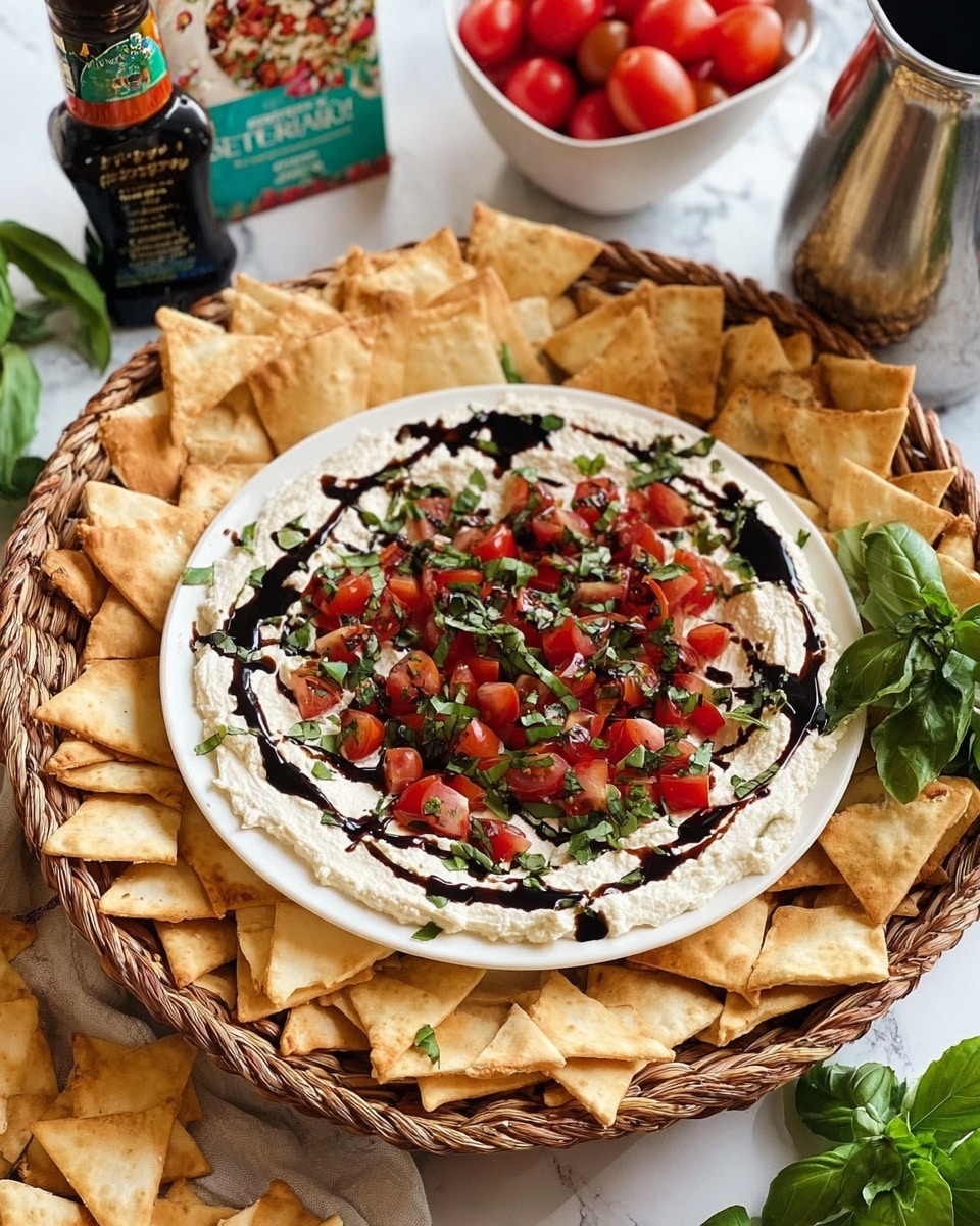 The image shows a white plate with a creamy white spread as the base layer, topped with small diced red tomatoes and chopped fresh green basil scattered evenly. A dark balsamic glaze is drizzled artistically over the top, adding contrast and texture. The plate is placed in the center of a round woven basket filled with light golden brown triangular pita chips around the edges. In the background on a white marbled surface, there is a white bowl of shiny red grape tomatoes, fresh green basil leaves, a metal pitcher, and a bottle of dark glaze. The setting feels fresh, colorful, and inviting. photo taken with an iphone --ar 4:5 --v 7