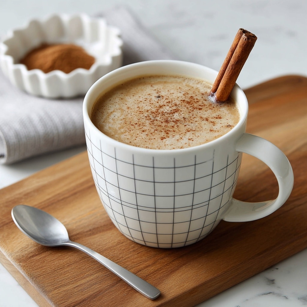 A close-up of a white ceramic cup with a light brown grid pattern, filled with a frothy beige drink sprinkled lightly with cinnamon powder on top, and two small cinnamon sticks standing upright near the edge. The cup is gently held by a woman's hands wearing a cream speckled sweater and light blue jeans, set against a softly blurred white marbled background. The scene looks warm and cozy, emphasizing the creamy texture of the drink and the smooth surface of the cup. photo taken with an iphone --ar 4:5 --v 7