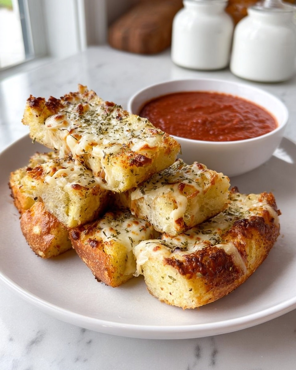 A white plate holds six pieces of golden-brown garlic bread topped with melted, slightly browned cheese and sprinkled with herbs. The bread pieces are arranged in a stacked, slightly uneven pile showing the fluffy, soft inside with a light yellow tint and crunchy crust. Next to the plate is a white bowl filled with thick, rich red marinara sauce. The scene is set on a white marbled surface with white kitchen jars blurred in the background. The image is bright with natural light coming from the side, highlighting the texture of the bread and the vibrant color of the sauce. Photo taken with an iphone --ar 4:5 --v 7