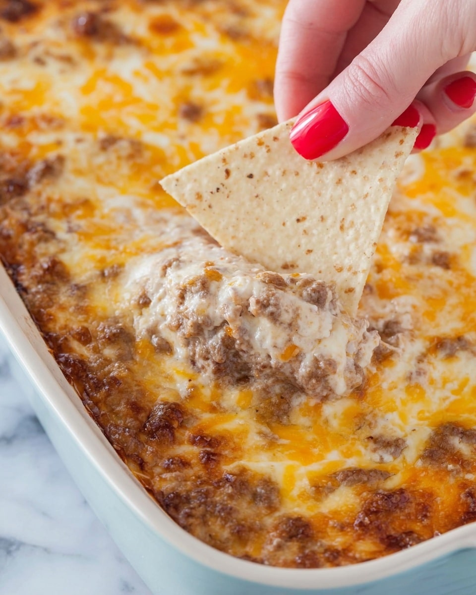 A close-up view of a baked dip in a white dish, showing one layer of browned, melted cheese with orange spots on top, and a thick, brownish meat layer underneath that has a creamy texture. A woman's hand with red-painted nails is lifting a triangular beige tortilla chip coated with bits of the cheesy meat dip. The background is a white marbled surface. photo taken with an iphone --ar 4:5 --v 7