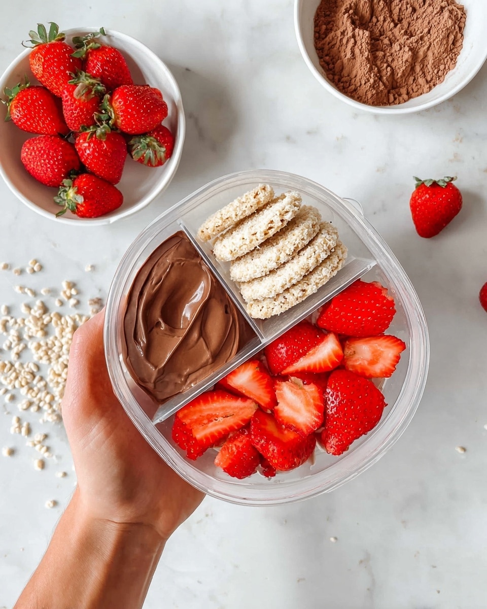 A clear divided container held by a woman's hand shows three sections: the left side filled with smooth, dark brown chocolate pudding, the right side lined with a stack of light beige puffed rice cakes, and the bottom right filled with bright red, fresh sliced strawberries with visible seeds and juicy texture. The background is a white marbled surface scattered with small puffed rice pieces and strawberry slices. In the background, there are two white bowls, one filled with whole strawberries and the other with cocoa powder. photo taken with an iphone --ar 4:5 --v 7