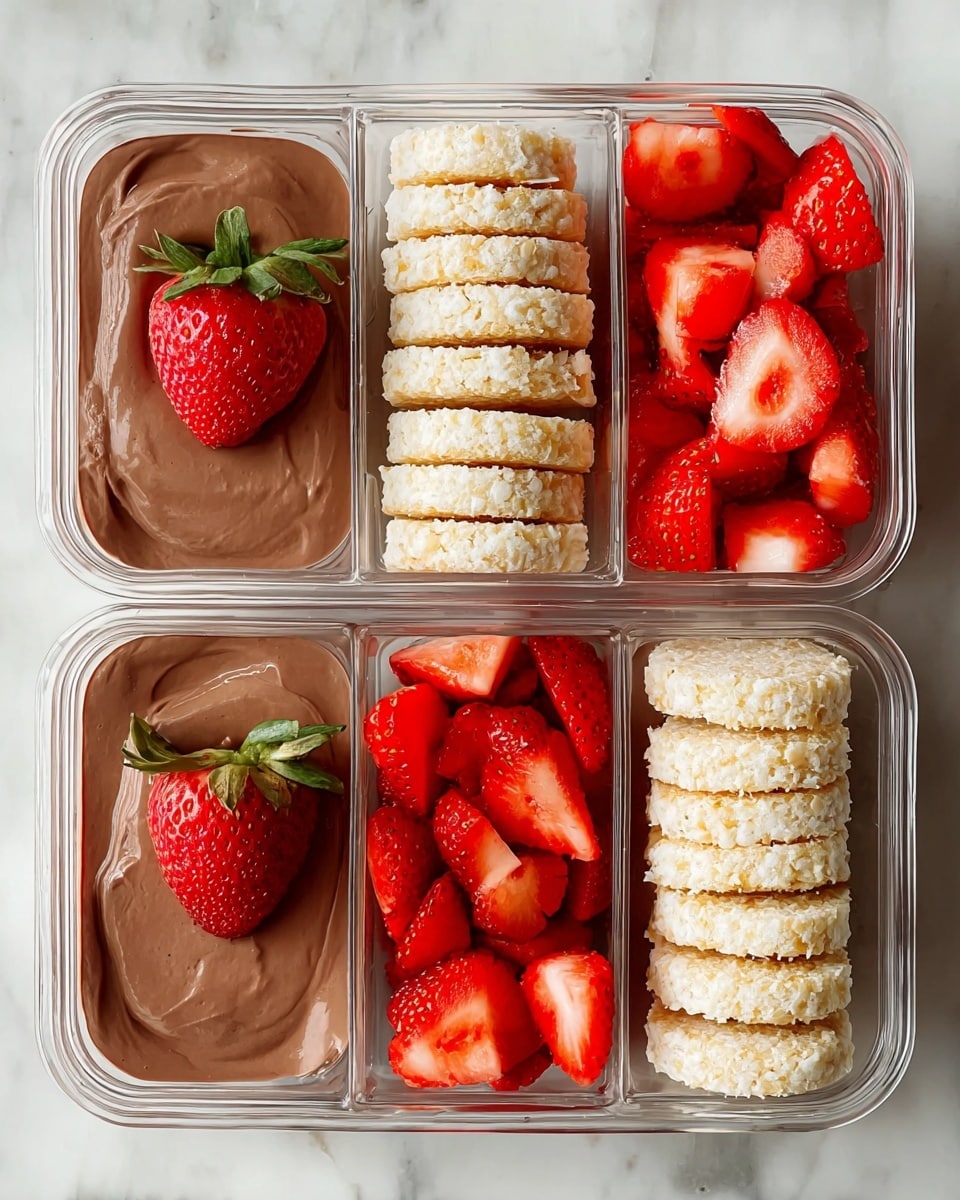 Three clear rectangular containers are placed vertically, each divided into two sections. The left section in each container holds smooth, creamy chocolate pudding, rich brown in color, topped with a single bright red strawberry with green leaves. The right section contains two layers: a central row of round, light beige rice cakes stacked vertically, showing their airy texture, and to the right of the rice cakes, a heap of fresh, sliced strawberries with vibrant red and white interiors and small seeds. The containers rest on a white marbled surface. photo taken with an iphone --ar 4:5 --v 7