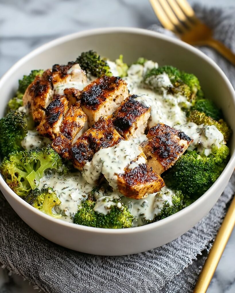 Grilled Chicken & Broccoli Bowls with Creamy Garlic Sauce Recipe