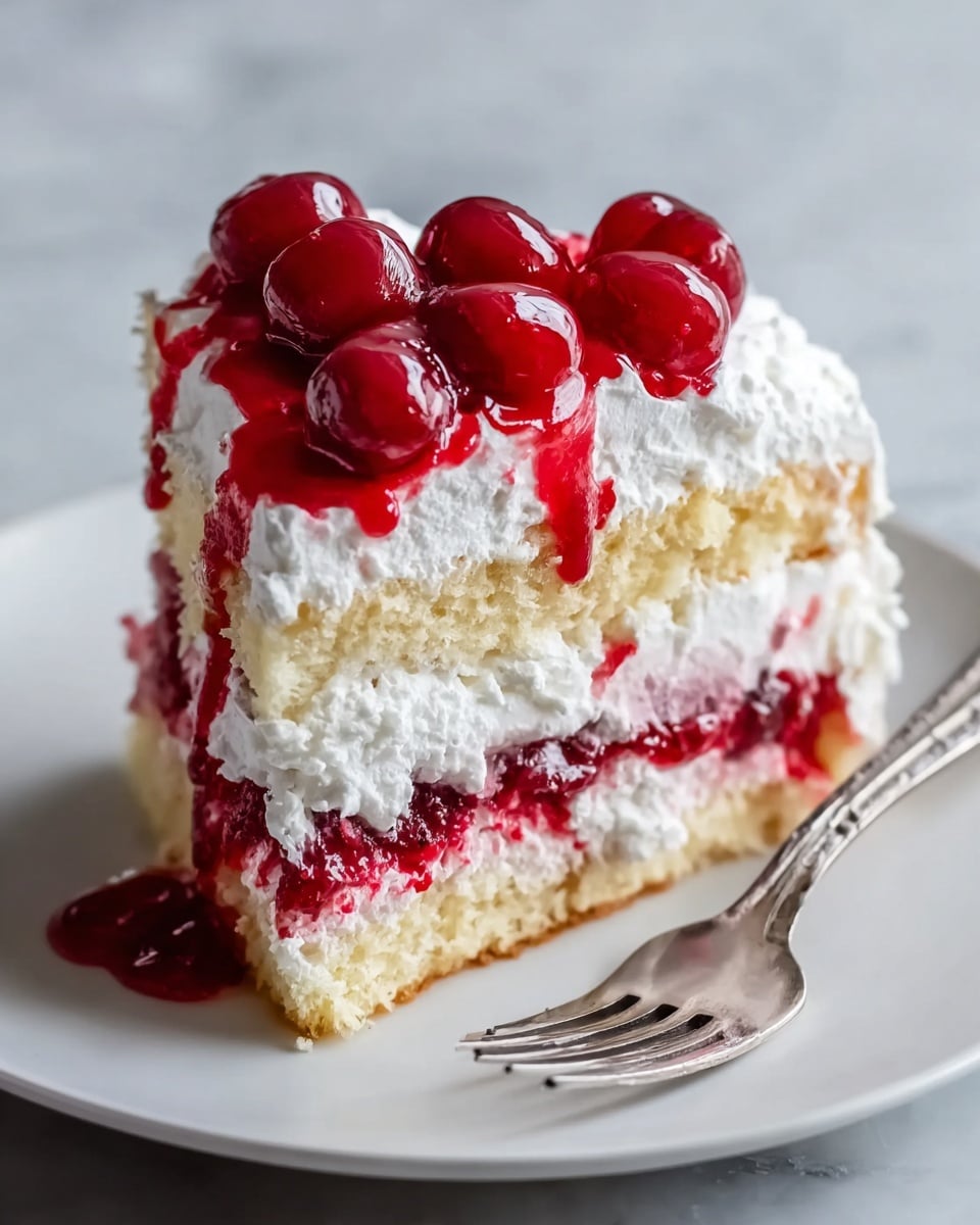 A slice of cake on a white plate, showing three main layers: the bottom layer is light and fluffy sponge cake with a pale golden color, the middle layer consists of white whipped cream mixed with bright red berry sauce, and the top layer is thick white whipped cream topped with glossy whole red cherries and red berry sauce dripping slightly down the sides. A silver fork rests beside the cake on the plate, all placed on a white marbled surface. Photo taken with an iphone --ar 4:5 --v 7