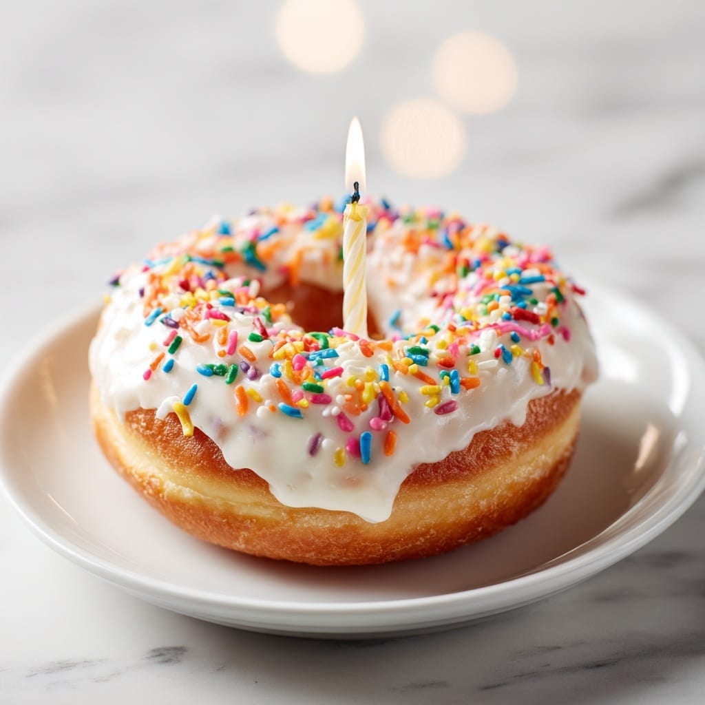 A single donut with white icing on top covered with colorful sprinkles, sitting on a white plate. There is a small lit candle stuck in the middle of the donut. The background is a white marbled texture, with soft blurred shapes in the distance. The donut has a golden brown base and the icing is smooth and glossy. photo taken with an iphone --ar 4:5 --v 7