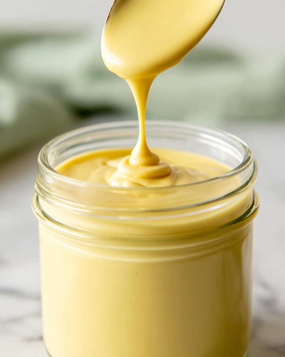 A close-up view of a clear glass jar filled with smooth, creamy yellow sauce or custard. A spoon is held above the jar, drizzling the thick sauce back into it, creating a soft swirl on the surface. The sauce has a glossy texture and rich, consistent color, filling the jar almost to the top. The background shows a soft, blurred white and green environment with a white marbled surface beneath. photo taken with an iphone --ar 4:5 --v 7