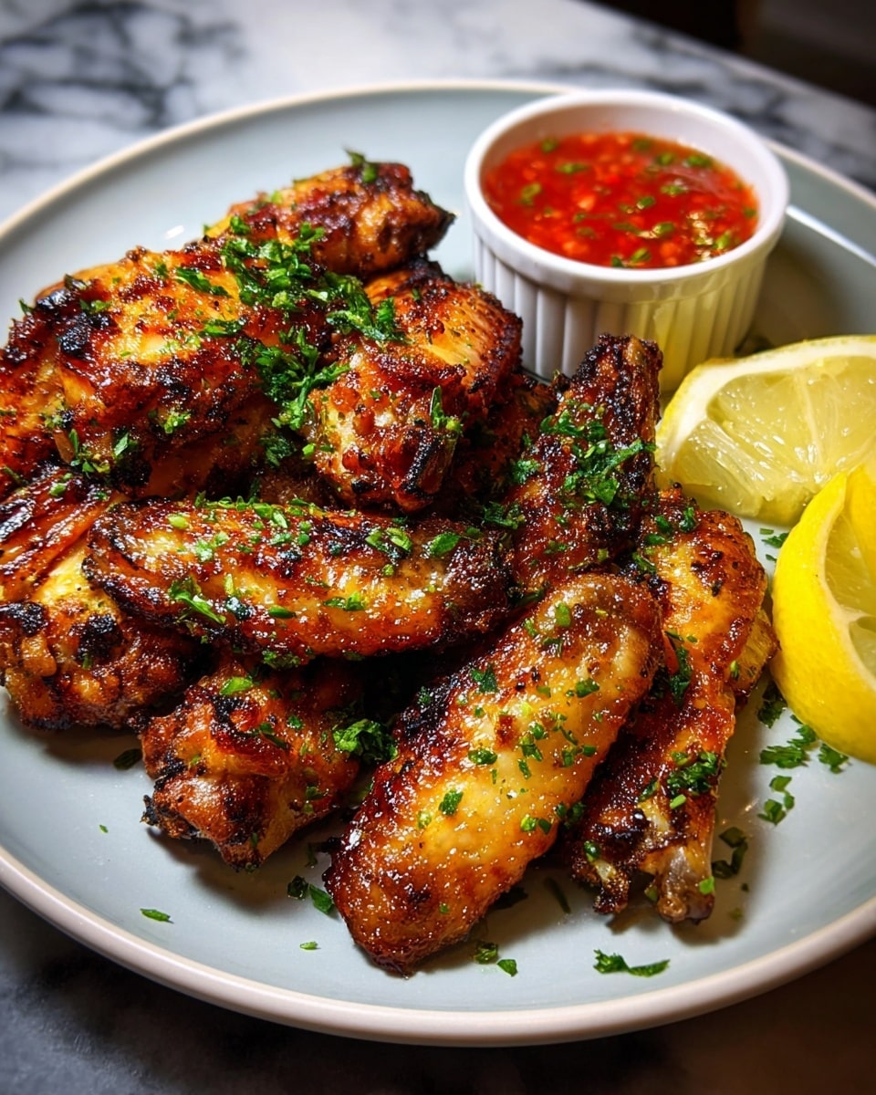A white plate holds a pile of bright orange-red buffalo chicken wings coated in a thick, glossy sauce with small green herb pieces sprinkled on top. The wings are stacked in multiple layers, showing some crispy skin and charred spots on the meat. To the side, a wedge of yellow lemon and some fresh green parsley add color contrast. A small white ramekin of creamy white dipping sauce is partially visible in the background, all set on a white marbled textured surface. photo taken with an iphone --ar 4:5 --v 7