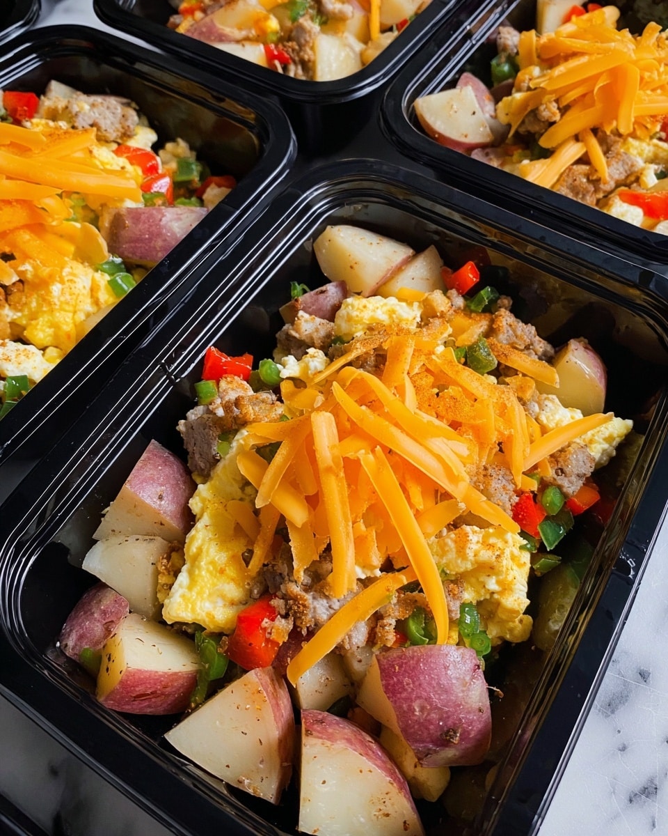 The image shows several black meal prep containers filled with a layered breakfast dish. Each container has a bottom layer of chopped red-skinned potatoes with a light seasoning, followed by a layer of cooked scrambled eggs mixed with small pieces of sausage and green and red bell peppers. On top of the eggs and sausage, a generous amount of shredded bright orange cheddar cheese is sprinkled. The containers sit on a white marbled surface, and the close-up view highlights the textures of the potatoes, eggs, and cheese. photo taken with an iphone --ar 4:5 --v 7
