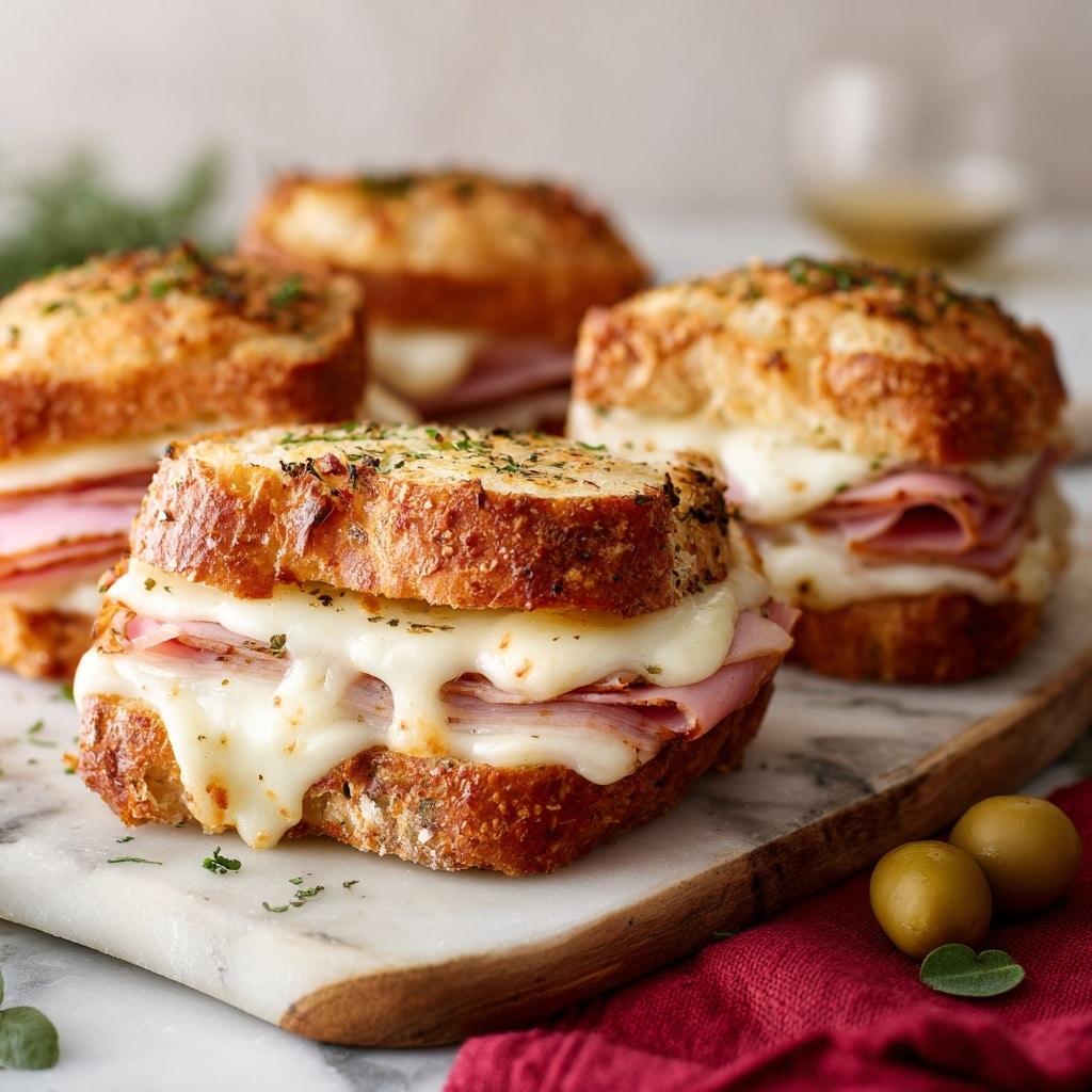 The image shows four toasted sandwiches on a wooden board placed on a white marbled surface. Each sandwich has a crusty golden-brown bread roll split open, filled with layers of pink ham and melted white cheese with browned spots, oozing out slightly from the sides. The top layer of bread is sprinkled with green herbs, adding a fresh touch. In the bottom right corner, a few green olives rest next to some small green leaves, and a red cloth is partially visible near the board. The background is softly blurred, focusing attention on the warm, inviting sandwiches. photo taken with an iphone --ar 4:5 --v 7