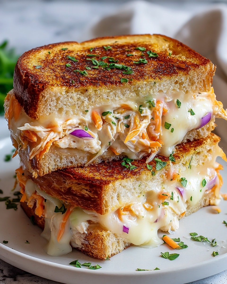 The image shows a grilled cheese sandwich cut in half and stacked, with two thick slices of toasted bread that are golden brown with a crispy texture. Between the bread, there is a thick layer of melted white cheese that is gooey and stretchy, mixed with thin slices of cooked chicken, bright orange shredded carrots, and slices of purple onion, along with small green herbs sprinkled throughout. The top slice has chopped green herbs sprinkled on it, adding a fresh touch. The sandwich is served on a white plate, placed on a white marbled surface with a few scattered herbs around. photo taken with an iphone --ar 4:5 --v 7
