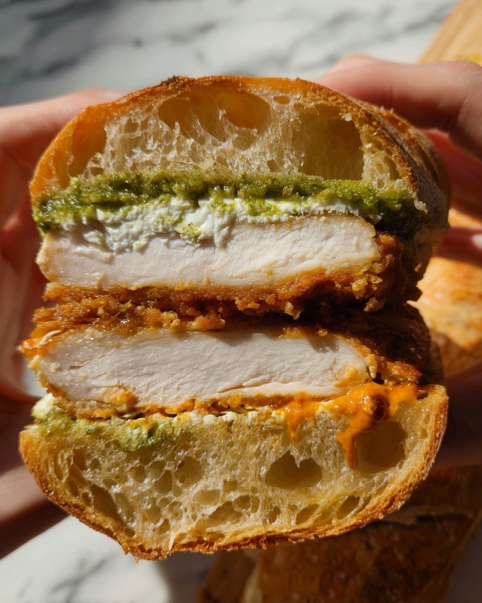 A close-up of a sandwich held by two woman's hands, showing three main layers inside a golden-brown crusty bread roll. The top layer is a green pesto-like sauce spread over a smooth white creamy layer, both resting on a thick piece of white cooked chicken with a crispy golden-brown crust. Below the chicken is a thick slice of the bread's soft, airy interior soaked slightly with an orange sauce that adds texture and color contrast. The bottom layer is the bread's golden crust with a slightly crisp surface and visible crumb. The whole scene is set on a white marbled surface, with natural light highlighting the textures. photo taken with an iphone --ar 4:5 --v 7